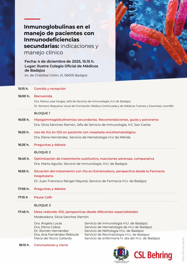 Jornada "Inmunoglobulinas en el manejo de pacientes con inmunodeficiencias secundarias: indicaciones y manejo clínico" 1 Agenda sesion HUBadajoz 4dic25 1 1