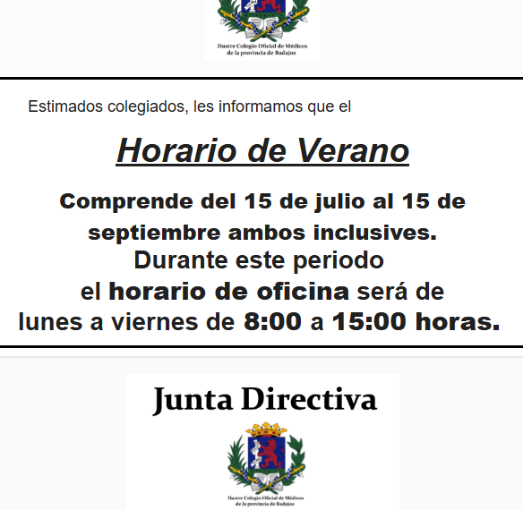 Inicio 9 Entre el 15 de julio y el 15 de septiembre la sede colegial atenderá en horario de mañana