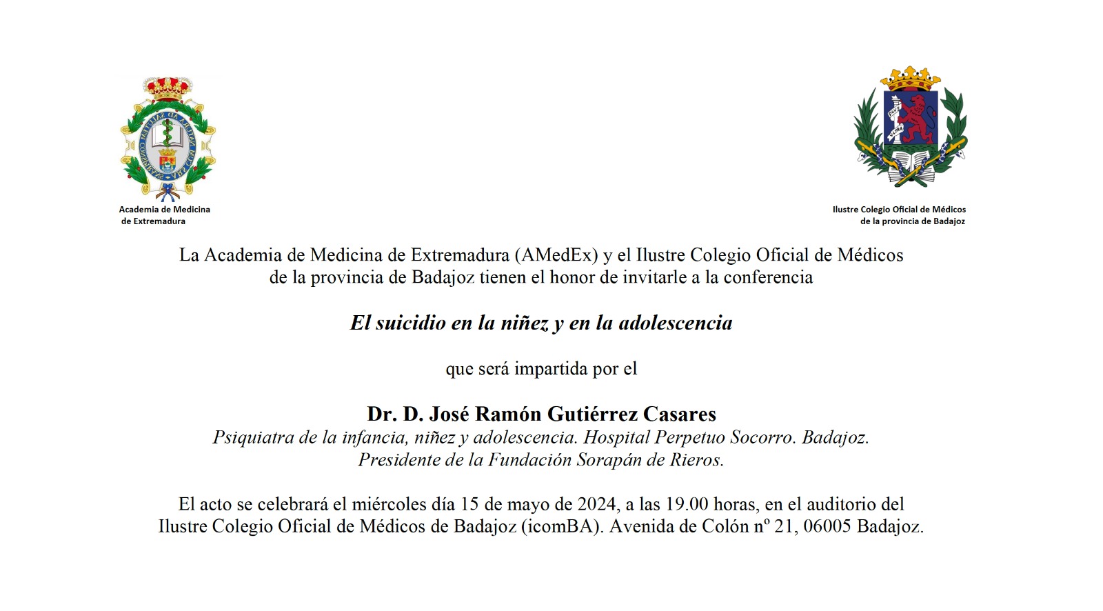 El Dr. Gutiérrez Casares impartirá una conferencia sobre el suicidio en niños y adolescentes
