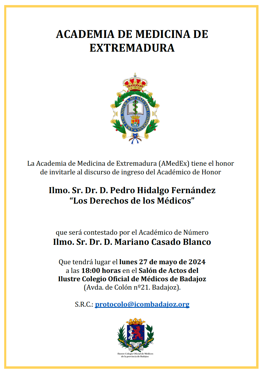 El Dr. Pedro Hidalgo leerá su discurso de ingreso como Académico de Honor en la Academia de Medicina de Extremadura
