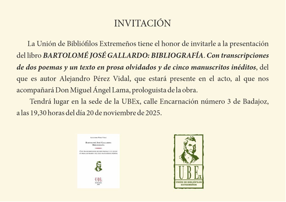 Inicio 25 UBEx PRESENTACIÓN LIBRO «BARTOLOMÉ JOSÉ GALLARDO: BIBLIOGRAFÍA»